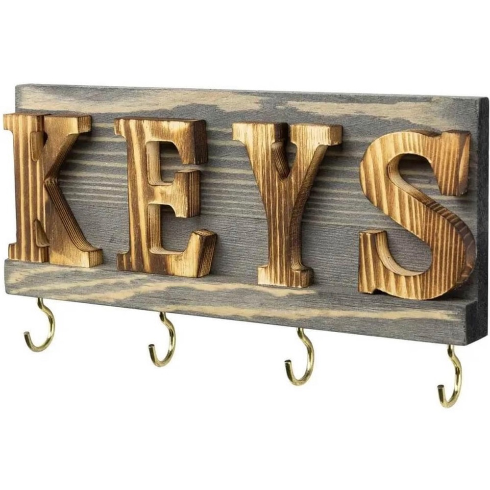 Set of 2 Wooden Brass Key Holders with 4 hooks & KEYS Block Letters New in Box